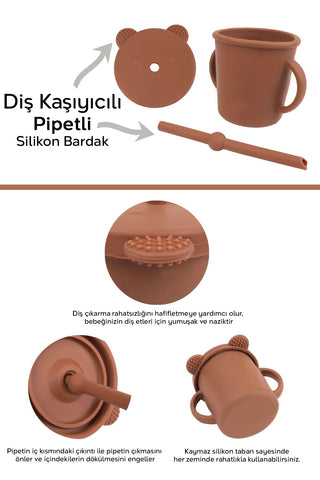 4'lü Silikon Beslenme Seti - Yapboz Puzzle Mama Tabağı Önlük Pipetli Bardak Diş Kaşıyıcı Kaşık Kahve