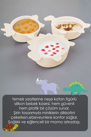 Kaplumbağa Figürlü Silikon Bebek Mama Kasesi - Şekilli Bebek Beslenme Kasesi - Bej