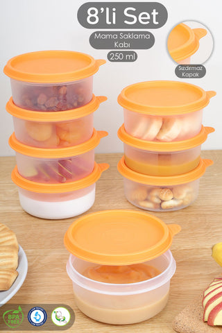 8'li Yuvarlak Bebek Mama Saklama Kabı Seti - Çocuk Atıştırmalık Kabı Beslenme Kabı 250ml Turuncu