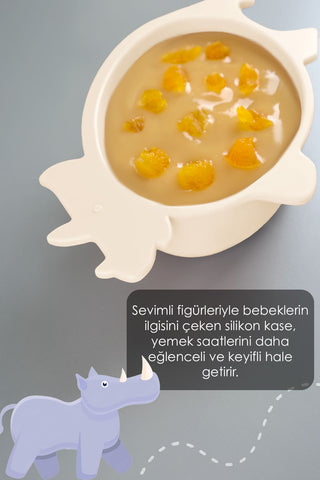 3'lü Hayvan Figürlü Silikon Bebek Mama Kasesi Seti - Şekilli Bebek Beslenme Kasesi Bej
