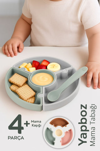 Puzzle Mama Tabağı Kaşık Seti - Silikon Vakum Tabanlı Yapboz Mama Tabağı Silikon Kaşık - Gri Yeşil