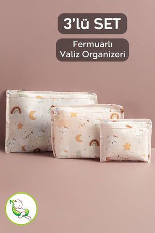3'lü Fermuarlı Valiz Bavul Düzenleyici Set - Anne Bebek Yenidoğan Hastane Çıkış Çantası Organizer