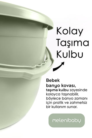 3'lü Set - Bebek Yıkama Banyo Küveti, Desenli Su Kovası, Maşrapa, Yeşil - Yıkama Filesi Hediye