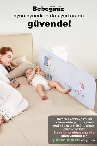 120x42 cm Katlanır Bebek Yatak Bariyeri - Fil Desenli Koruyucu Baza Korkuluğu Güvenlik Bariyeri