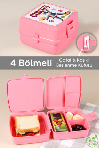 2 Katlı Bölmeli Çatal Kaşıklı Çocuk Beslenme Kutusu - Öğrenci Okul Beslenme Yemek Taşıma Kabı -Pembe