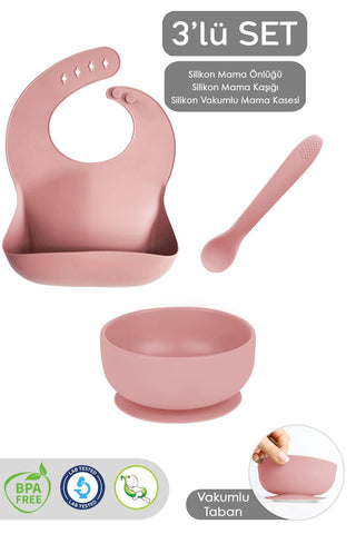 3'lü Silikon Bebek Beslenme Seti - Vakumlu Mama Kasesi - Mama Önlüğü - Diş Kaşıyıcı Kaşık - Pembe