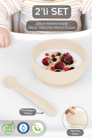 Vakumlu Silikon Bebek Mama Kasesi - Vakum Tabanlı Kase - Silikon Diş Kaşıyıcı Kaşık - Bej