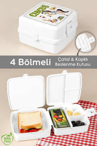 2 Katlı Bölmeli Çatal Kaşıklı Çocuk Beslenme Kutusu - Öğrenci Okul Beslenme Yemek Taşıma Kabı -Beyaz