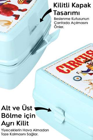 2 Katlı Bölmeli Çatal Kaşıklı Çocuk Beslenme Kutusu - Öğrenci Okul Beslenme Yemek Taşıma Kabı - Mint