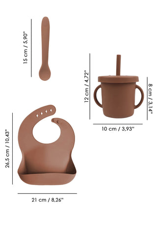 4'lü Silikon Beslenme Seti - Yapboz Puzzle Mama Tabağı Önlük Pipetli Bardak Diş Kaşıyıcı Kaşık Kahve
