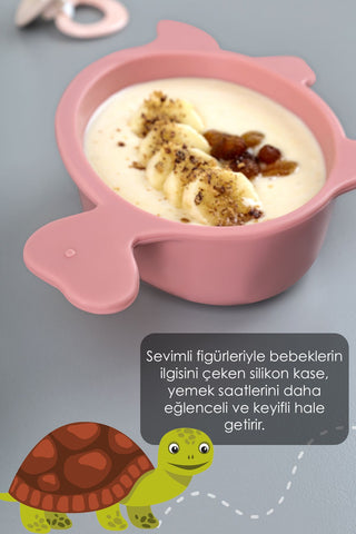 3'lü Hayvan Figürlü Silikon Bebek Mama Kasesi Seti - Şekilli Bebek Beslenme Kasesi Pembe Yeşil Bej