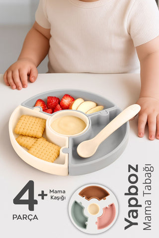 Puzzle Mama Tabağı Kaşık Seti - Silikon Vakum Tabanlı Yapboz Mama Tabağı Silikon Kaşık - Gri Bej