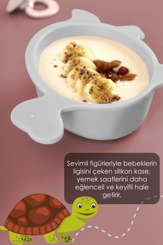 3'lü Hayvan Figürlü Silikon Bebek Mama Kasesi Seti - Şekilli Bebek Beslenme Kasesi Gri
