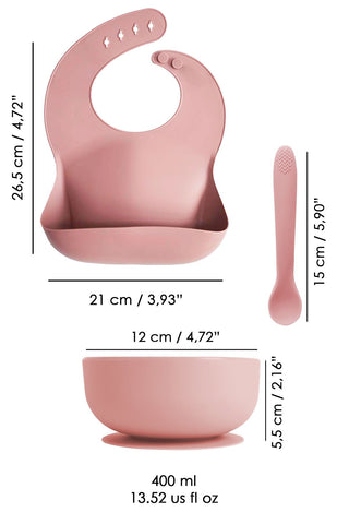 3'lü Silikon Bebek Beslenme Seti - Vakumlu Mama Kasesi - Mama Önlüğü - Diş Kaşıyıcı Kaşık - Pembe