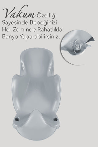 3'lü Set - Vakumlu Bebek Yıkama Aparatı, Vakumlu Destekli Banyo Oturağı, Banyo Oturak Minderi Gri