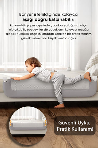 180x65 Cm Katlanır Bebek Yatak Bariyeri - Mega Boy Koruma Bariyeri Koruyucu Baza Korkuluğu Gri