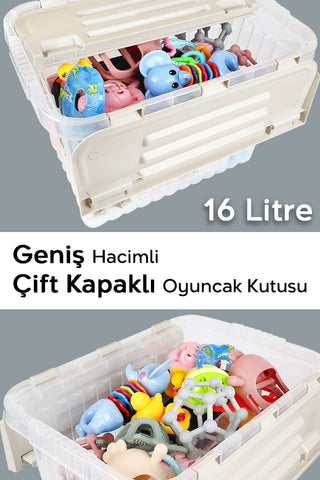 2'li Set - Kilitli Kapak Oyuncak Kutusu - Bebek Çocuk Odası Düzenleyici Organizer - 16 Lt Bej