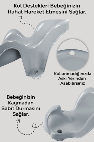 2'li Bebek Yıkama Aparatı ve Minder Seti - Vakumlu Küvet Oturağı, Yıkanabilir Oturak Minderi Gri