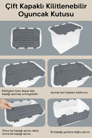 2'li Set - Bebek Çocuk Odası Düzenleyici - Kilitli Kapak Oyuncak Kutusu Organizer - 16 Lt Antrasit
