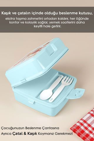 2 Katlı Bölmeli Çatal Kaşıklı Çocuk Beslenme Kutusu - Öğrenci Okul Beslenme Yemek Taşıma Kabı - Mint