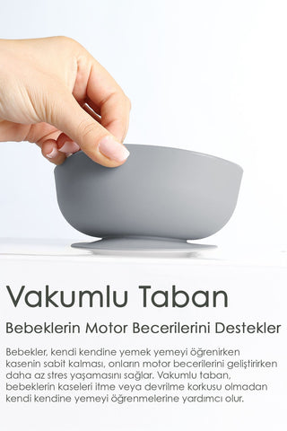 2'li Bebek Beslenme Seti - Vakumlu Silikon Kapaklı Mama Kasesi - Diş Kaşıyıcı Mama Kaşığı - Gri