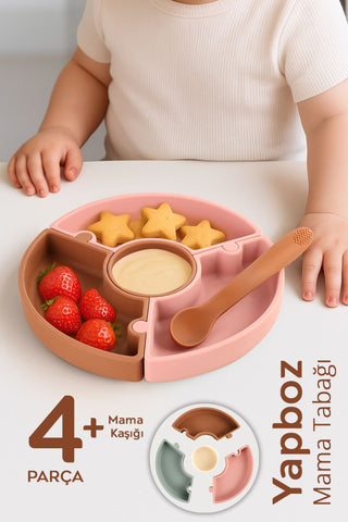 Puzzle Mama Tabağı Kaşık Seti - Silikon Vakum Tabanlı Yapboz Mama Tabağı Silikon Kaşık - Pembe Kahve