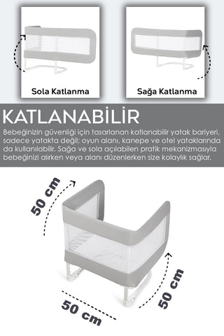 150x42 Cm Katlanır Bebek Yatak Bariyeri - Koruyucu Baza Korkuluğu Koruma Güvenlik Bariyeri Gri