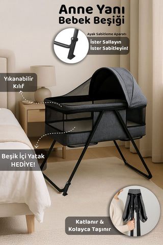 Katlanır Bebek Beşiği - Fileli Portatif Katlanabilir Sallanabilir Anne Yanı Beşik Park Yatak Siyah