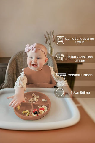 2'li Silikon Bebek Beslenme Seti - Diş Kaşıyıcılı Silikon Kaşık, Vakumlu Mama Tabağı - Kahverengi