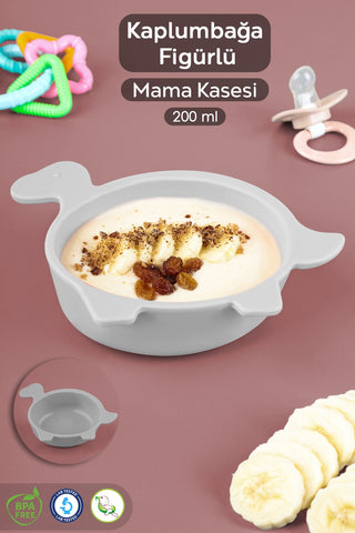 Kaplumbağa Figürlü Silikon Bebek Mama Kasesi - Şekilli Bebek Beslenme Kasesi - Gri