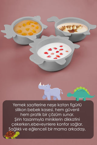 Kaplumbağa Figürlü Silikon Bebek Mama Kasesi - Şekilli Bebek Beslenme Kasesi - Gri