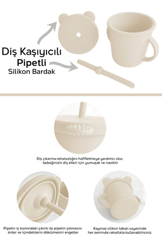 4'lü Silikon Beslenme Seti - Yapboz Puzzle Mama Tabağı Önlük Pipetli Bardak Diş Kaşıyıcı Kaşık Bej