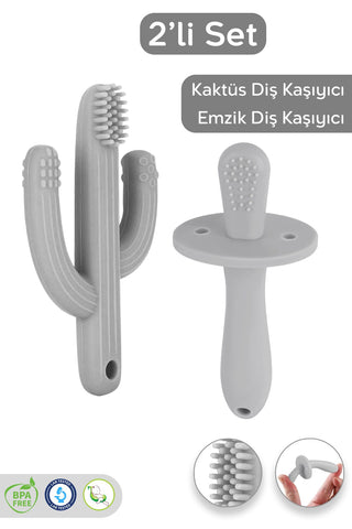 2'li Bebek Diş Kaşıyıcı Seti - Silikon Diş Kaşıma Emziği, Kaktüs Silikon Diş Kaşıyıcı - Gri