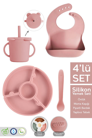 4'lü Silikon Beslenme Seti - Yapboz Puzzle Mama Tabağı Önlük Pipetli Bardak Diş Kaşıyıcı Kaşık Pembe
