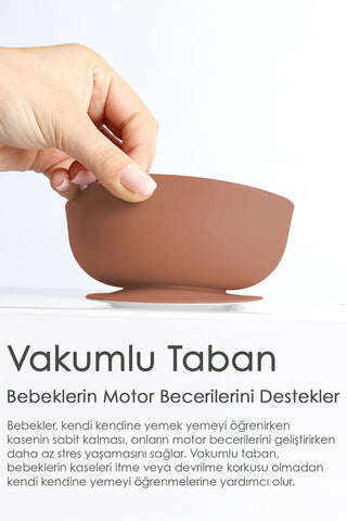 2'li Bebek Beslenme Seti - Vakumlu Silikon Kapaklı Mama Kasesi - Diş Kaşıyıcı Mama Kaşığı - Kahve