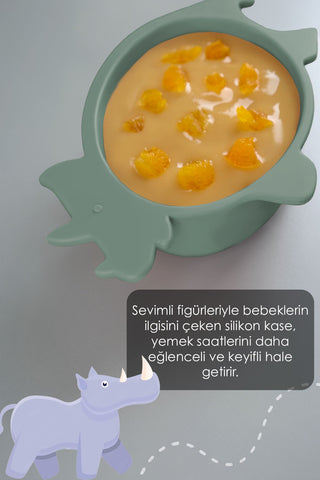 3'lü Hayvan Figürlü Silikon Bebek Mama Kasesi Seti - Şekilli Bebek Beslenme Kasesi Pembe Yeşil Bej