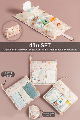 4'lü Yeni Doğan Hastane Organizer Set - Bebek Alt Bakım Çantası - Fermuarlı Şeffaf Valiz Düzenleyici
