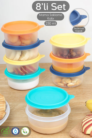 8'li Yuvarlak Bebek Mama Saklama Kabı Seti - Çocuk Atıştırmalık Kabı Beslenme Kabı 250ml Renkli