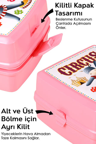2 Katlı Bölmeli Çatal Kaşıklı Çocuk Beslenme Kutusu - Öğrenci Okul Beslenme Yemek Taşıma Kabı -Pembe