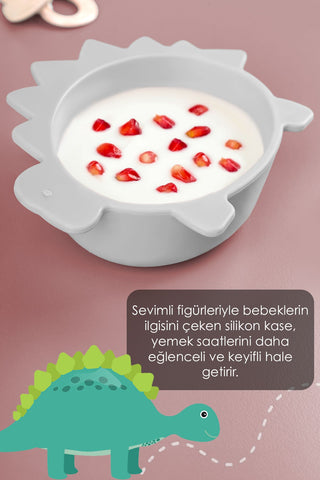 3'lü Hayvan Figürlü Silikon Bebek Mama Kasesi Seti - Şekilli Bebek Beslenme Kasesi Gri