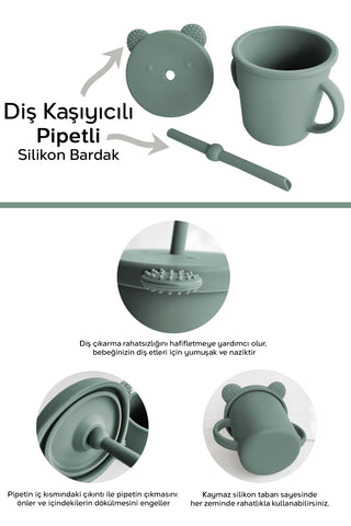 4'lü Silikon Beslenme Seti - Yapboz Puzzle Mama Tabağı Önlük Pipetli Bardak Diş Kaşıyıcı Kaşık Yeşil