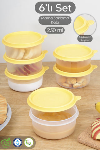 6'lı Yuvarlak Bebek Mama Saklama Kabı Seti - Çocuk Atıştırmalık Kabı Beslenme Kabı 250ml Sarı