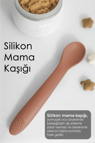2'li Bebek Beslenme Seti - Vakumlu Silikon Kapaklı Mama Kasesi - Diş Kaşıyıcı Mama Kaşığı - Kahve