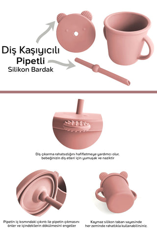 4'lü Silikon Beslenme Seti - Yapboz Puzzle Mama Tabağı Önlük Pipetli Bardak Diş Kaşıyıcı Kaşık Pembe