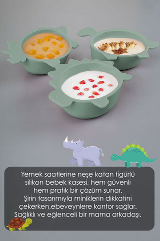 3'lü Hayvan Figürlü Silikon Bebek Mama Kasesi Seti - Şekilli Bebek Beslenme Kasesi Yeşil
