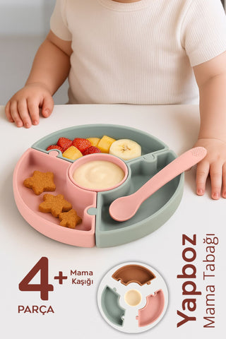 Puzzle Mama Tabağı Kaşık Seti - Silikon Vakum Tabanlı Yapboz Mama Tabağı Silikon Kaşık - Yeşil Pembe
