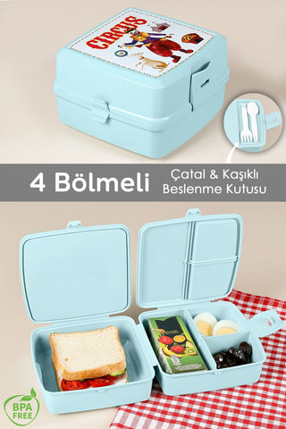 2 Katlı Bölmeli Çatal Kaşıklı Çocuk Beslenme Kutusu - Öğrenci Okul Beslenme Yemek Taşıma Kabı - Mint