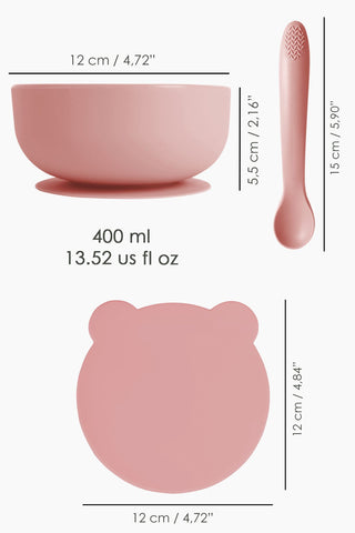 2'li Bebek Beslenme Seti - Vakumlu Silikon Kapaklı Mama Kasesi - Diş Kaşıyıcı Mama Kaşığı - Pembe