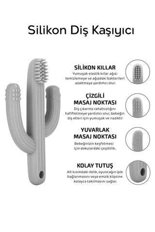 3'lü Silikon Diş Kaşıyıcı Set - Kaktüs Zürafa Figürlü Diş Kaşıyıcı Bebek Diş Kaşıma Emziği Gri