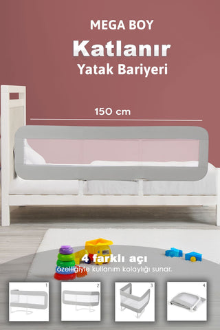 150x42 Cm Katlanır Bebek Yatak Bariyeri - Koruyucu Baza Korkuluğu Koruma Güvenlik Bariyeri Gri